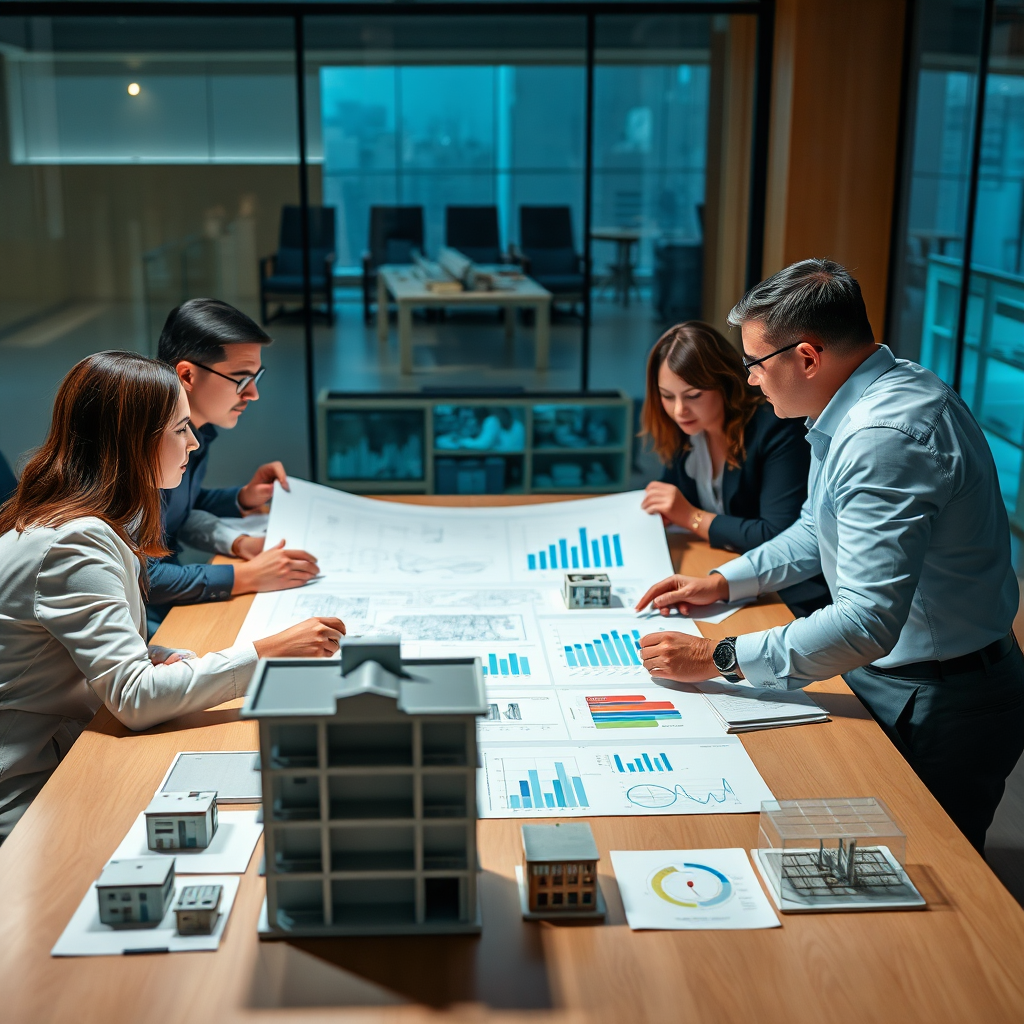 Show a team of professionals strategizing around a large table, reviewing blueprints and digital dashboards. The scene conveys meticulous planning and coordinated action. Use dynamic lighting to create a sense of urgency and focus. Architectural models and data charts provide visual context, underscoring the detailed approach. Style: Corporate photography emphasizing teamwork and strategic execution. Technical specs: High-resolution, dynamic rendering with sharp focus.