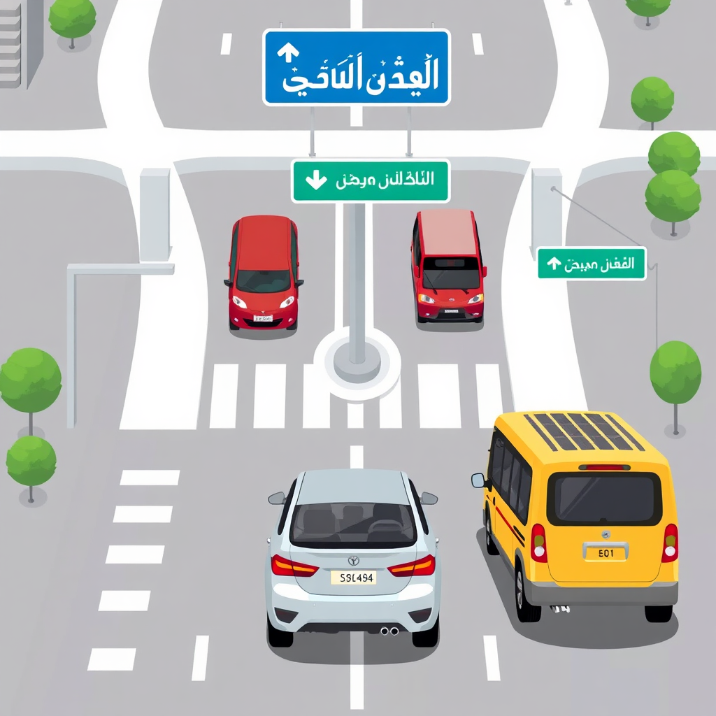 Show various modes of transportation (car, public transport) converging towards the location of "منصة جدة العقارية". Use directional cues and signage to guide viewers. The scene conveys ease and convenience in reaching the destination. Style: Transportation-focused visualization with clear and simple graphics. Technical specs: High-resolution, easily readable map design.