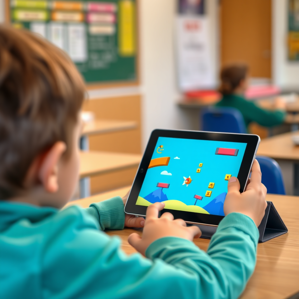 Retro arcade-style flying character navigating obstacles, showing the Flappy Code game customization activity