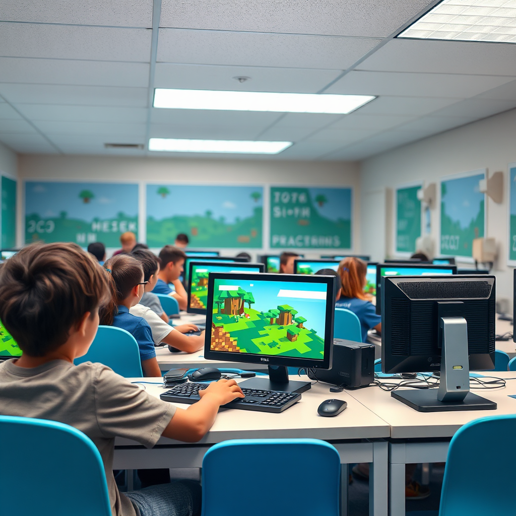 Blocky Minecraft-inspired world with characters exploring and coding pathways using visual blocks