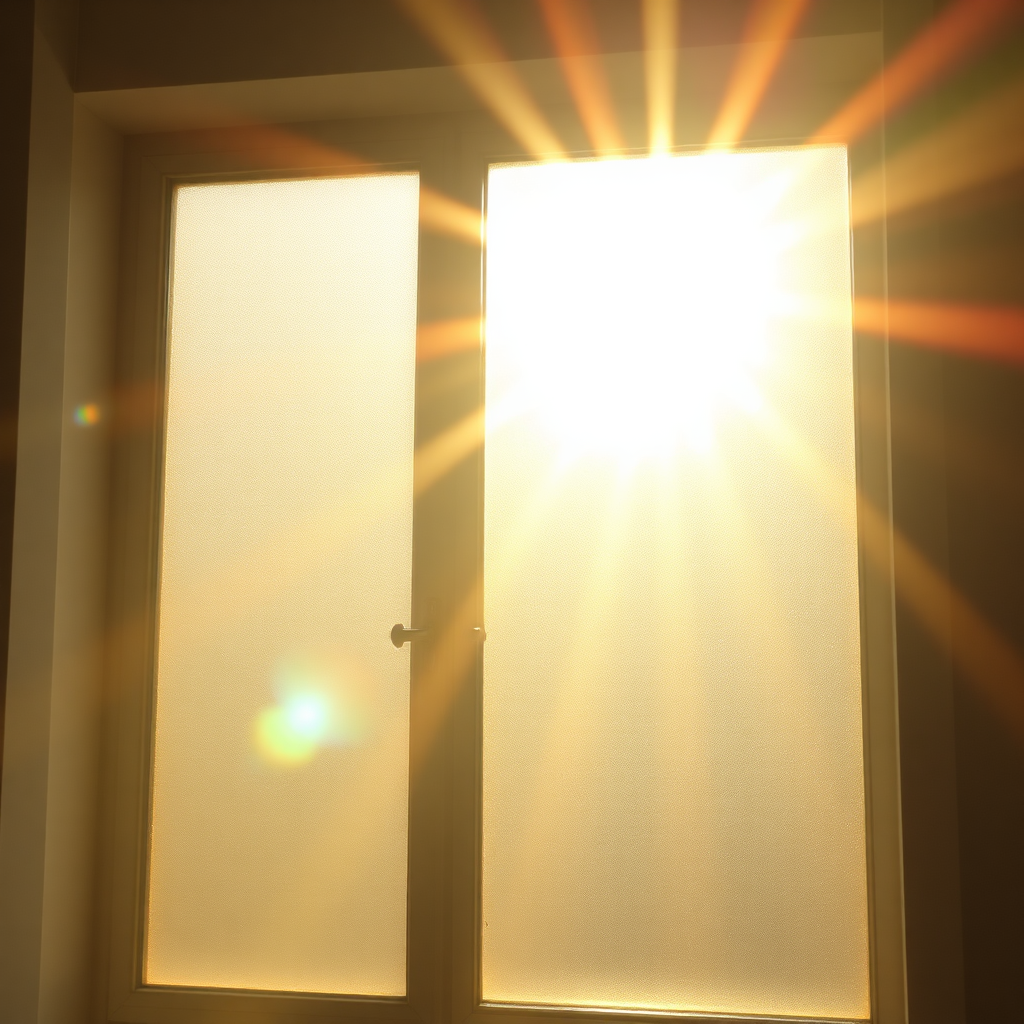 Sunlight streaming through a frosted glass window, creating a soft and diffused glow in the room. The light patterns are visually appealing and inviting. The style is photorealistic. 4K resolution.