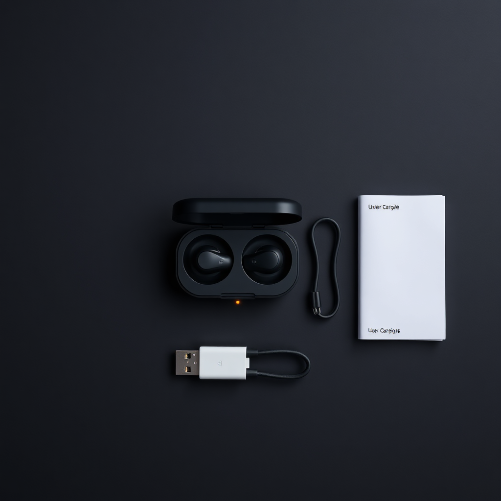 محتويات علبة سماعة ديجيتال M13: السماعات، صندوق الشحن، كابل USB، ودليل الاستخدام مرتبة بشكل أنيق