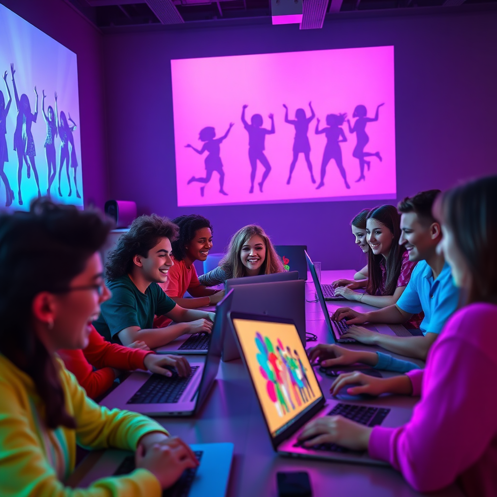 Colorful animated characters dancing with music waveforms in the background representing the Dance Party coding activity