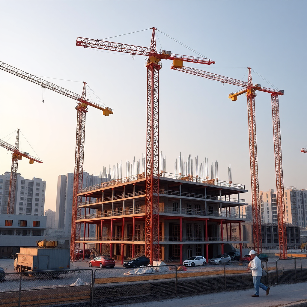 Visualize a construction site of a modern real estate development in Jeddah, showcasing ongoing construction activities. Cranes, construction workers, and building materials are prominently featured. The scene conveys progress and development. Use dynamic lighting to create a sense of activity. Style: Industrial photography with a focus on progress and innovation. Technical specs: High-resolution, detailed rendering of construction sites.