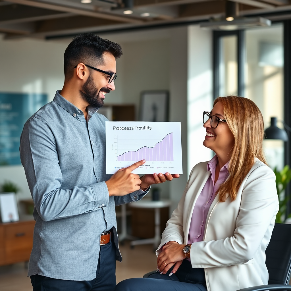 Visualize a consultant presenting a progress report to a client in a well-lit office. The consultant points to a positive trend on a data visualization, indicating successful results. Emphasize the client's satisfaction and the consultant's supportive role. The background includes subtle branding and office decor. Style: Business photography focusing on accountability and client satisfaction. Technical specs: High-resolution, professional rendering with balanced lighting.