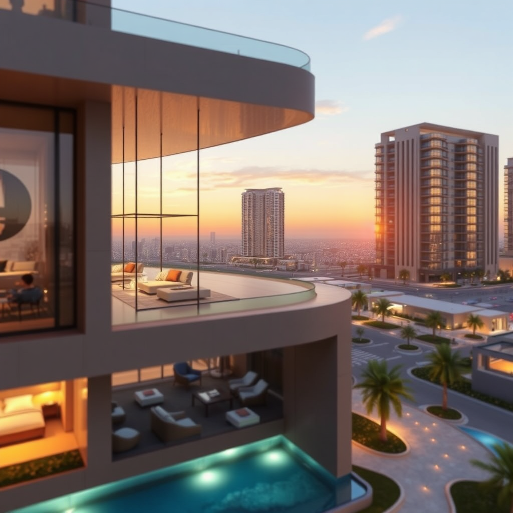 Visualize a dynamic video presentation showcasing the features and amenities of a new real estate project in Jeddah. The presentation should feature architectural renderings, lifestyle footage, and data visualizations. The overall feeling should be of innovation, progress, and investment opportunity. Style: High-end marketing video with a focus on luxury and lifestyle. Technical specs: High-resolution rendering with cinematic effects.