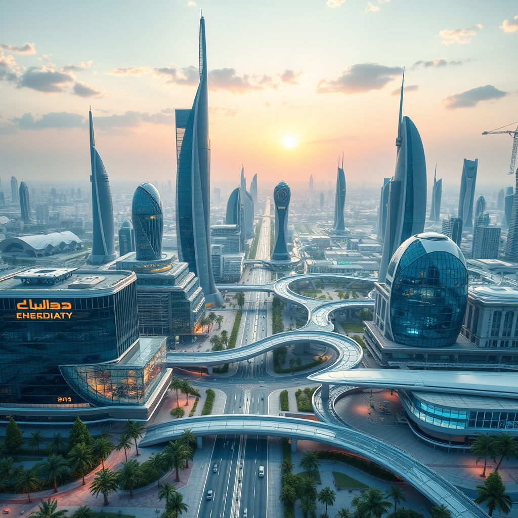 Visualize a futuristic cityscape showcasing new city projects in Jeddah. The cityscape should feature modern architecture, sustainable infrastructure, and green spaces. The overall feeling should be of innovation, progress, and future growth. Style: Futuristic architectural rendering with a focus on sustainability and innovation. Technical specs: High-resolution rendering with cinematic lighting effects.