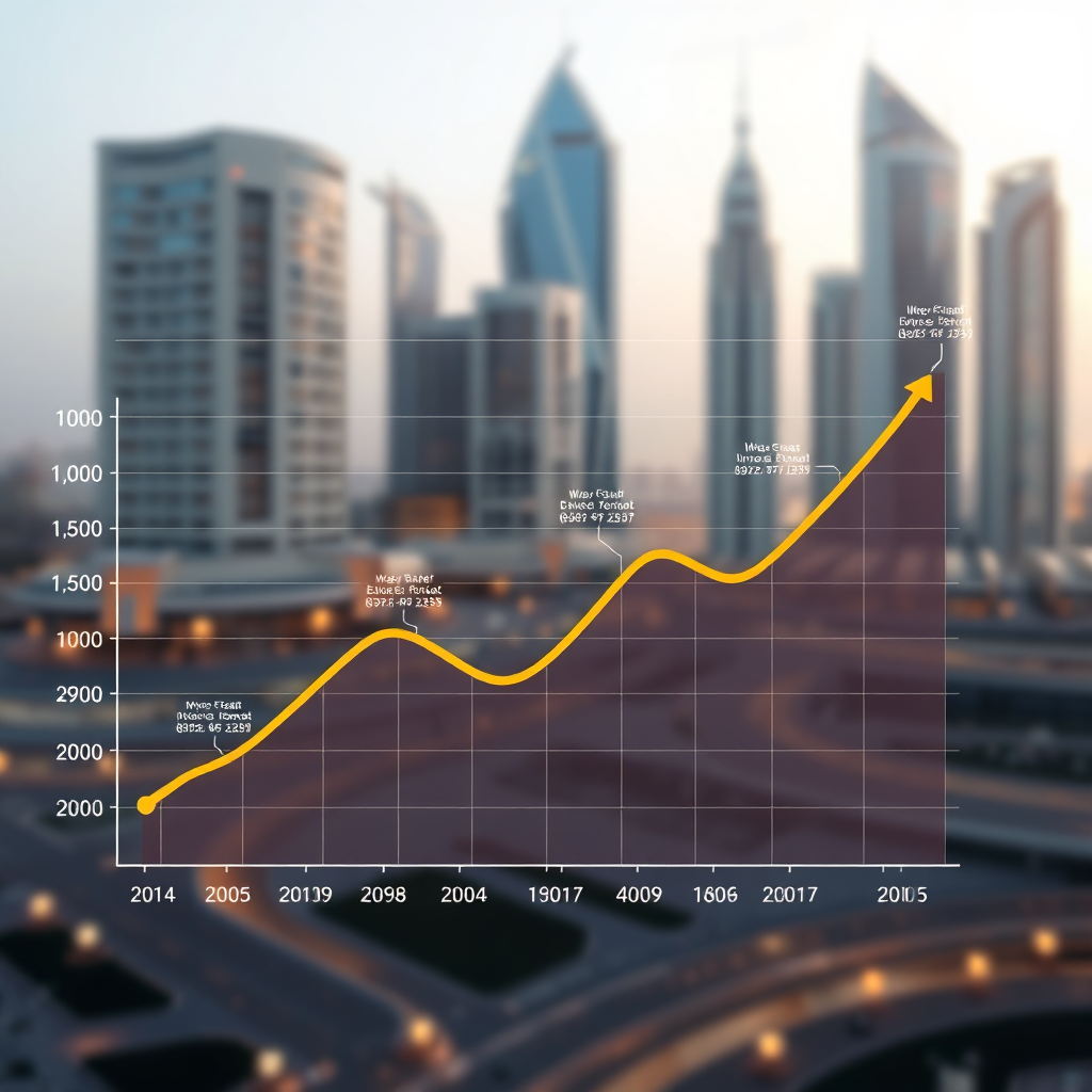 Visualize a graph showing the upward trend of real estate investments in Jeddah. The graph should be visually appealing and easy to understand, with clear labels and annotations. The background should subtly feature the Jeddah skyline and modern architectural designs. The overall feeling should be of growth, opportunity, and financial success. Style: Clean, data-driven visualization with a touch of modern design. Technical specs: High-resolution rendering with dynamic data displays.