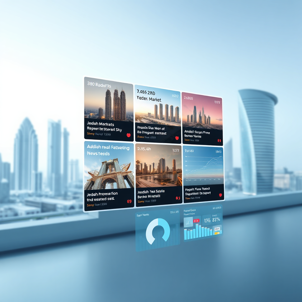 Visualize a newsfeed displaying real-time updates on the Jeddah real estate market. The newsfeed should feature articles, reports, and data visualizations on various market trends. The background should subtly feature the Jeddah skyline and modern architectural designs. The overall feeling should be of information, awareness, and market insight. Style: Clean, news-driven visualization with a touch of modern design. Technical specs: High-resolution rendering with dynamic data displays.