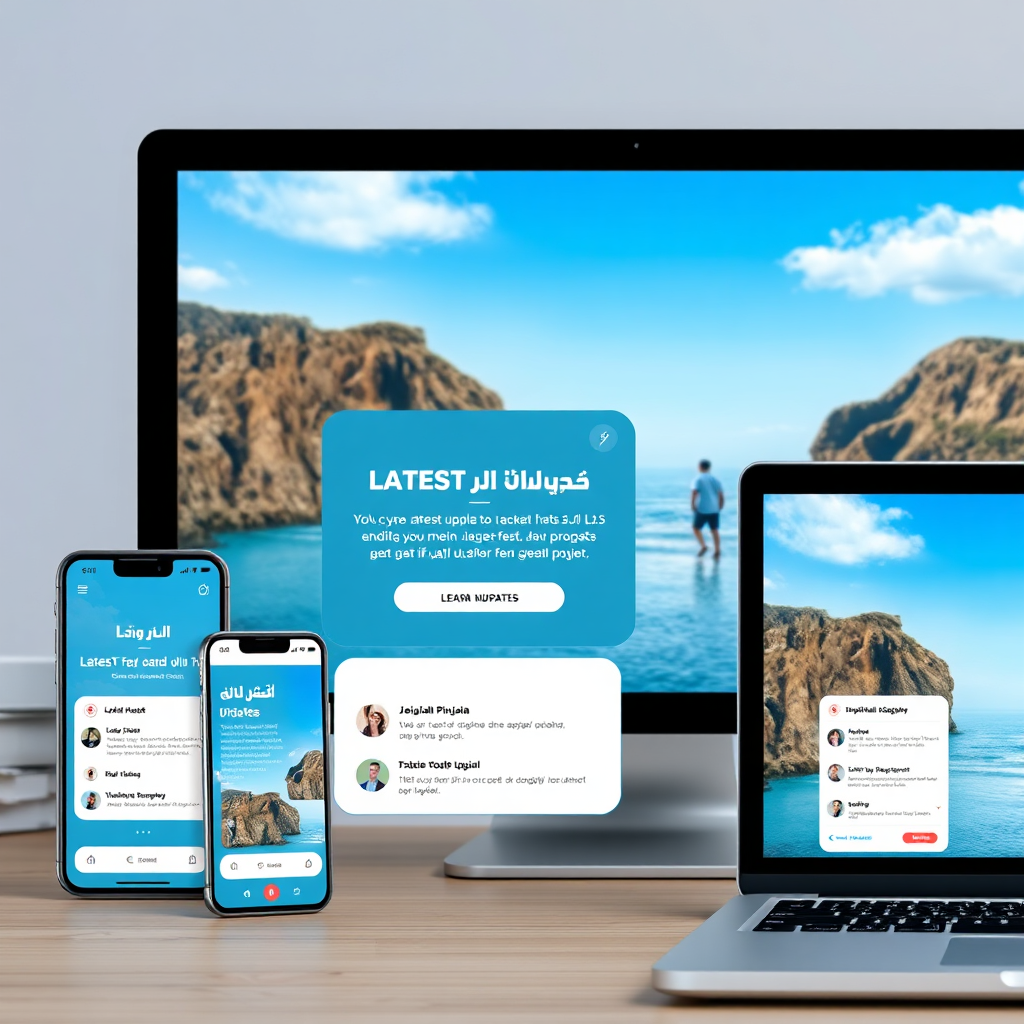 Visualize a notification banner popping up on various devices (smartphone, tablet, laptop) showcasing the latest updates and features of the "منصة جدة العقارية" platform. The banner is visually appealing and informative. The scene conveys the constant evolution and improvement of the platform. Style: Clean, modern UI/UX design with lifestyle integration. Technical specs: High-resolution, dynamic screen rendering.