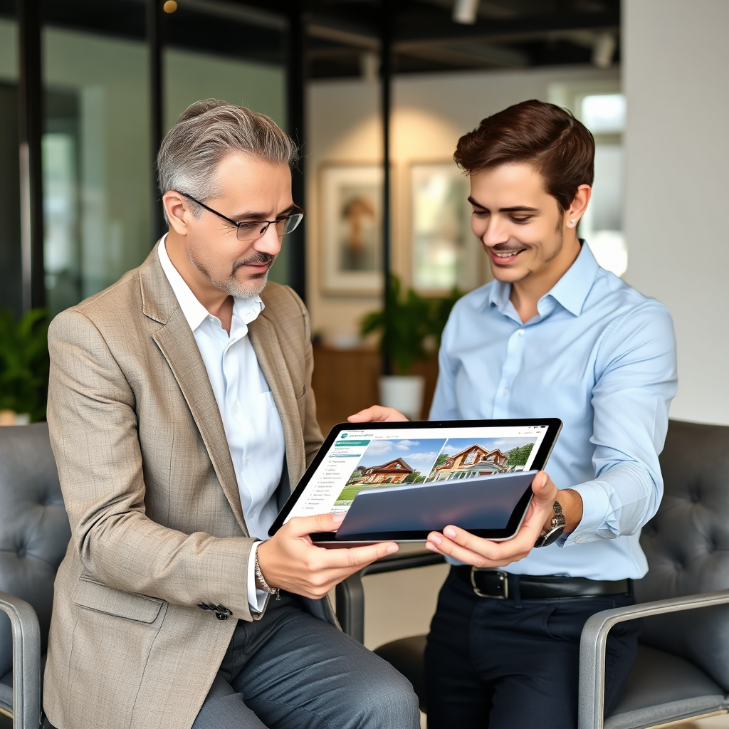 Visualize a real estate consultant advising a client in a modern office, reviewing property options on a digital tablet. The atmosphere is professional and trustworthy. Emphasis on understanding client needs and providing tailored solutions. Style: Professional lifestyle photography. Technical specs: High-resolution, natural lighting.