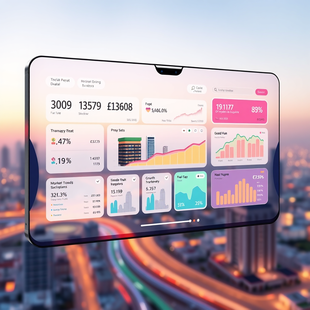 Visualize a sleek, modern interface displaying real-time data on various properties in Jeddah. The interface should highlight key investment metrics, such as ROI, growth potential, and market trends. Use a vibrant color palette to represent different property types and investment opportunities. The background should subtly feature the Jeddah skyline. The overall feeling should be of clarity, confidence, and opportunity. Style: Clean, data-driven visualization with a touch of futuristic UI design. Technical specs: High-resolution rendering with dynamic lighting effects.