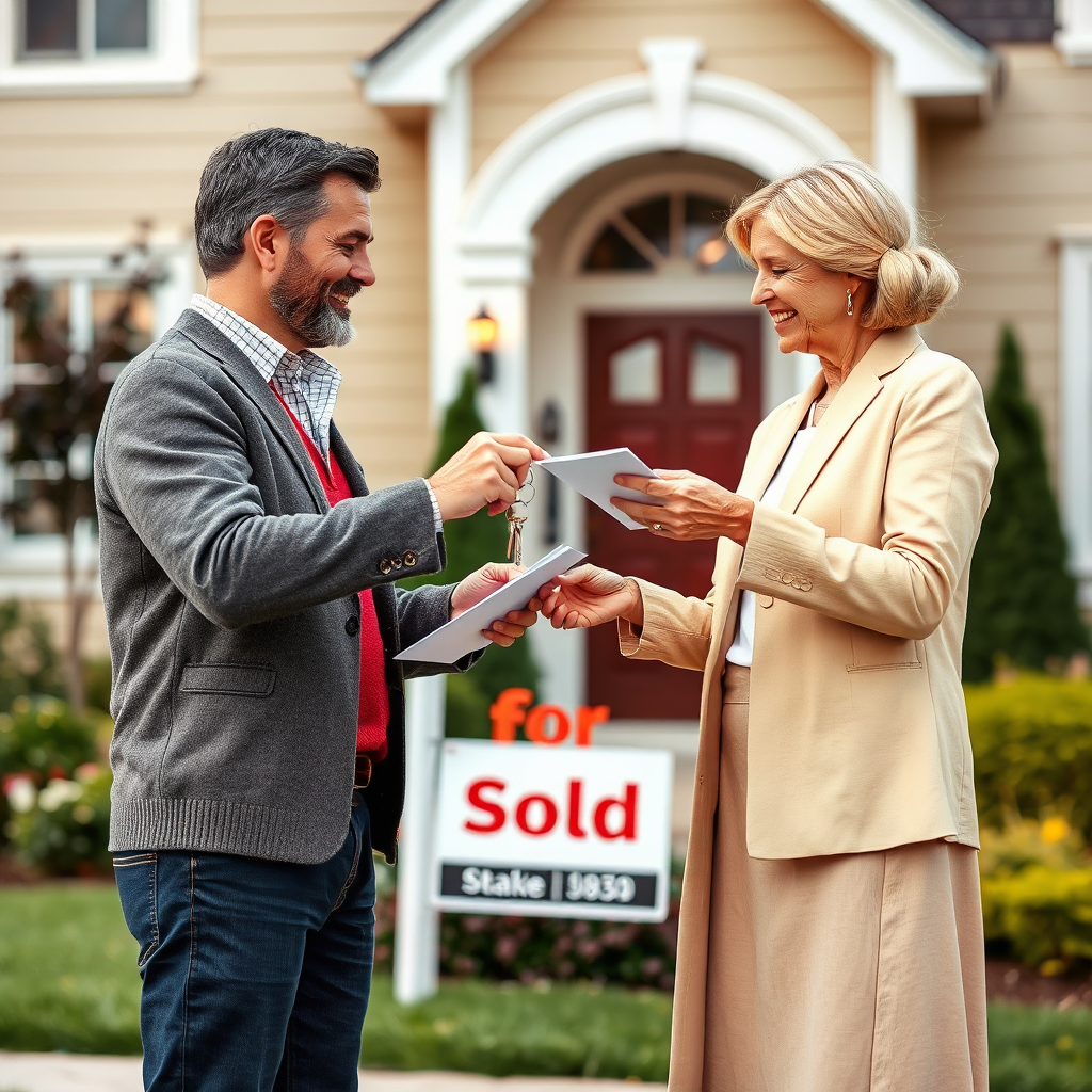 Visualize a successful real estate transaction taking place between a buyer and a seller. The scene should depict the exchange of keys and documents, symbolizing the transfer of ownership. The buyer and seller should both appear happy and satisfied with the outcome. The background should be a tastefully decorated home with a "Sold" sign in the front yard. Style: Warm, inviting lifestyle photography with a focus on happiness and satisfaction. Technical specs: High-resolution rendering with natural lighting effects.