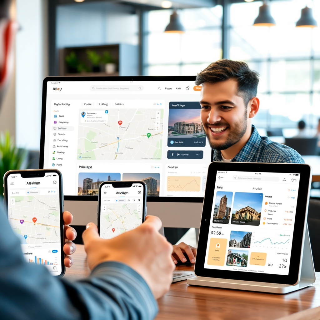Visualize a user interacting with the "منصة جدة العقارية" mobile app and website on various devices. The devices should display a user-friendly interface with interactive maps, property listings, and investment dashboards. The user should appear satisfied and engaged with the platform. The background should be a modern, stylish setting, such as a coffee shop or co-working space. Style: Modern tech product photography with a focus on usability and convenience. Technical specs: High-resolution rendering with dynamic screen displays.