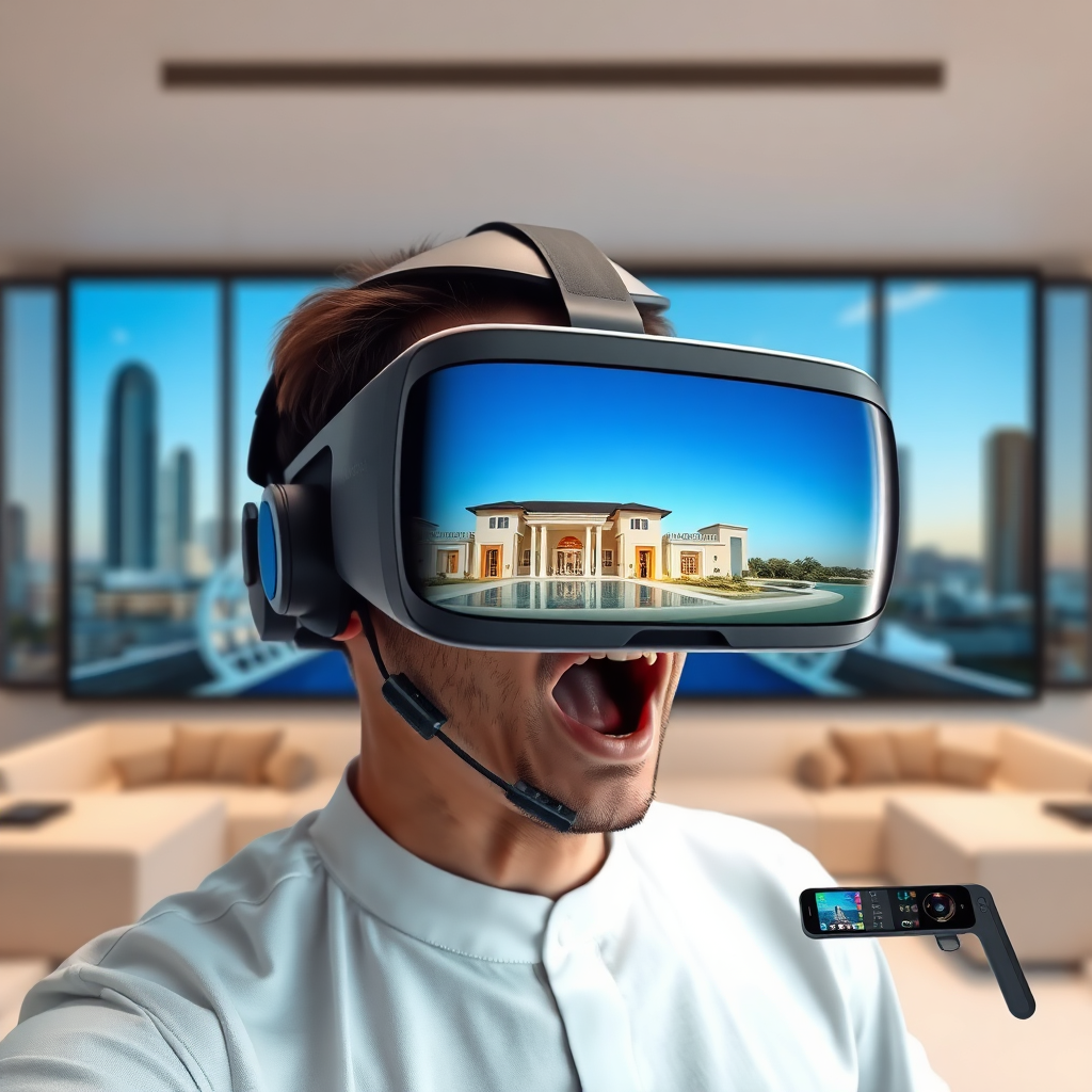 Visualize a user wearing a VR headset and experiencing a virtual tour of a luxury property in Jeddah. The user should appear amazed and engaged with the virtual environment. The background should subtly feature the Jeddah skyline and modern architectural designs. The overall feeling should be of immersion, excitement, and convenience. Style: Modern tech product photography with a focus on usability and convenience. Technical specs: High-resolution rendering with dynamic screen displays.