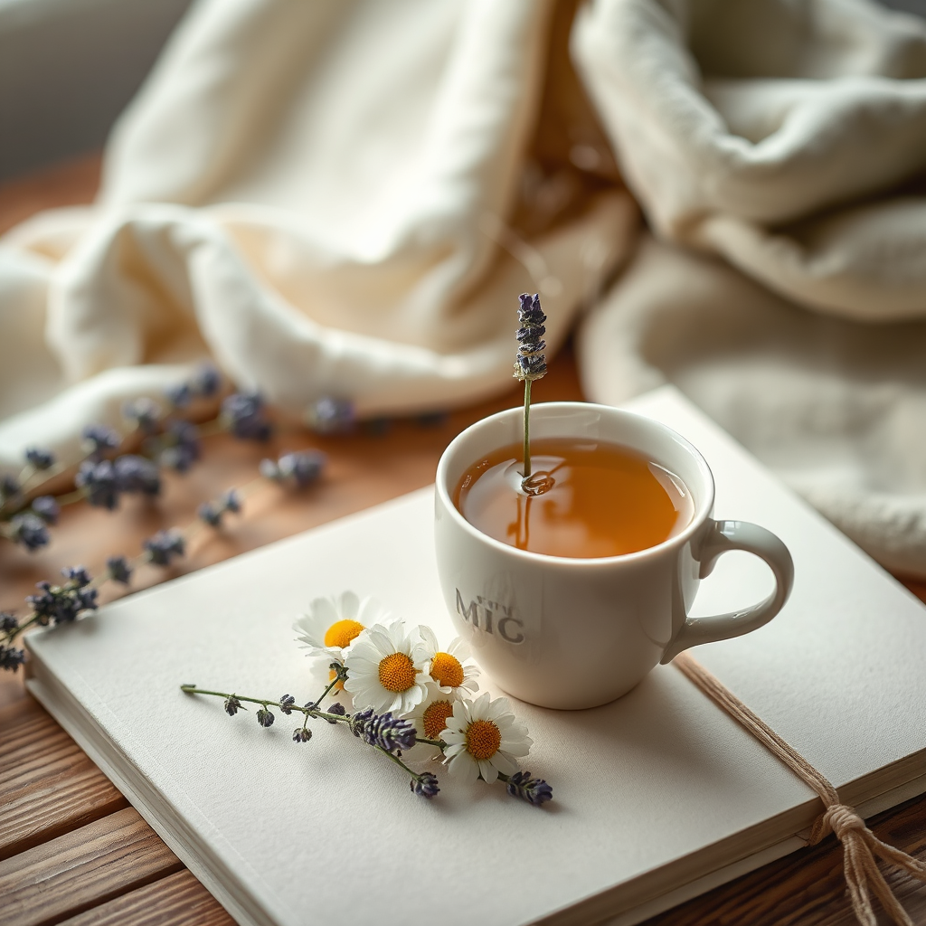 Calming tea lifestyle scene with lavender and journal