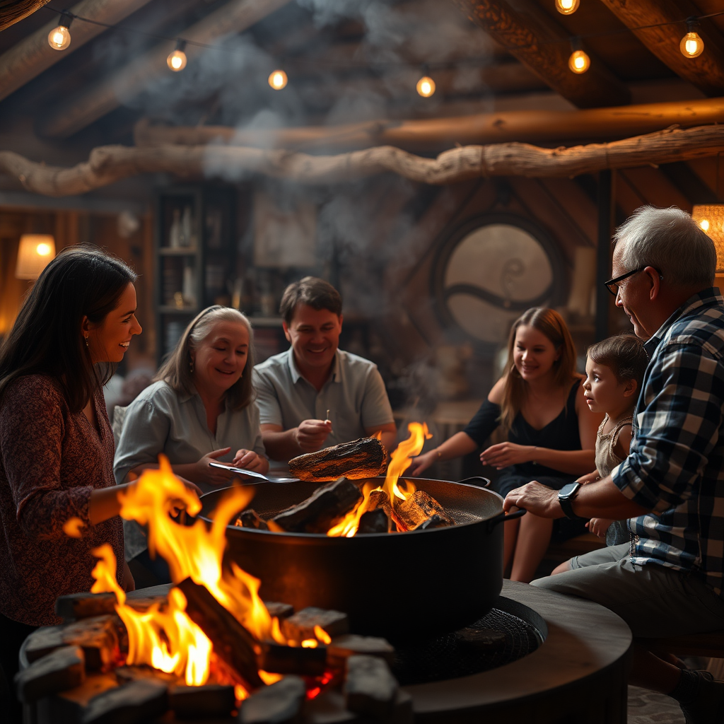 Hero family around a fire