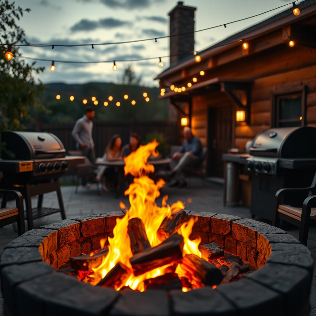 Cinematic exterior Quincho at dusk with fire and gathering