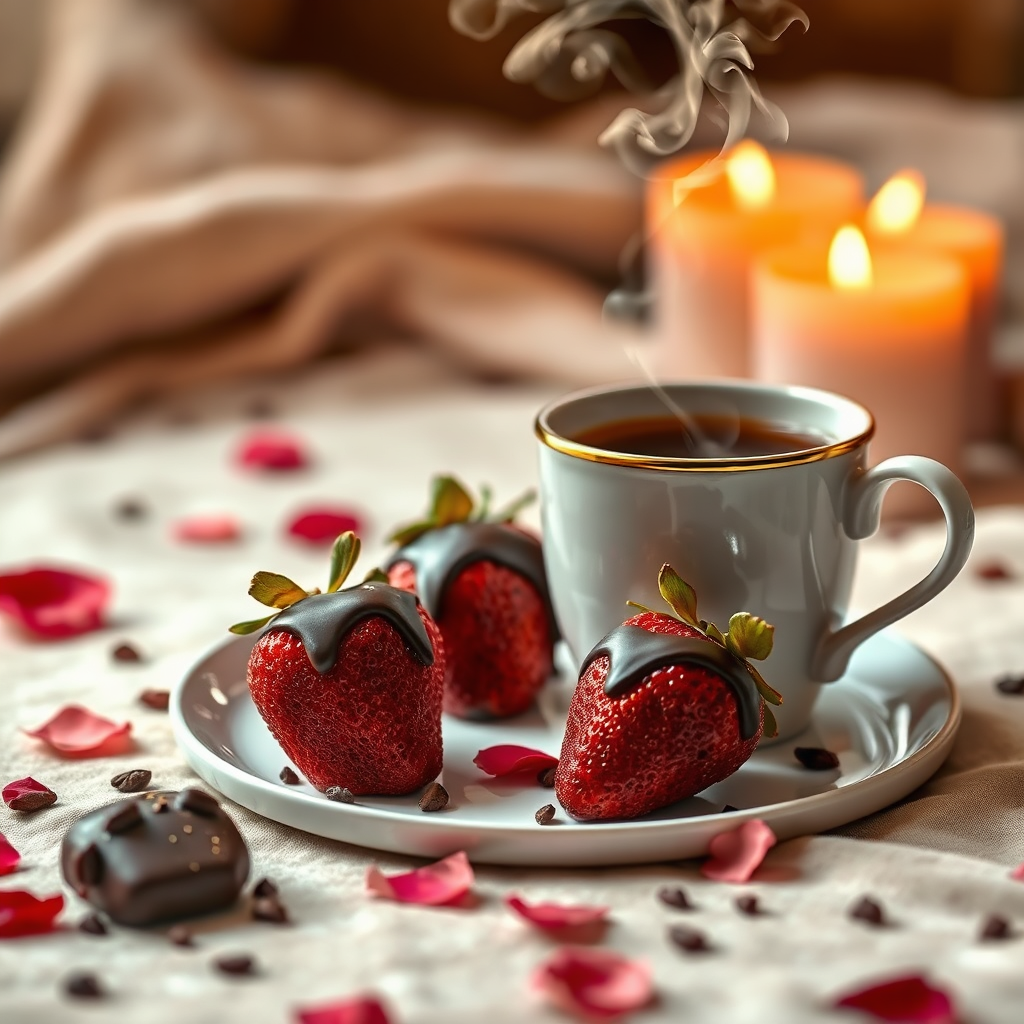 Chocolate covered strawberries, rose petals, and candlelight
