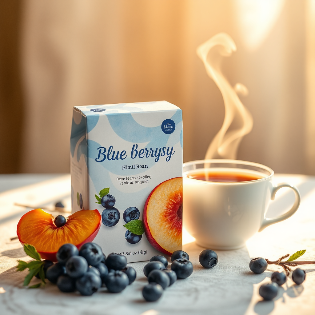 Blue Berry Sky packaging with blueberries and peach