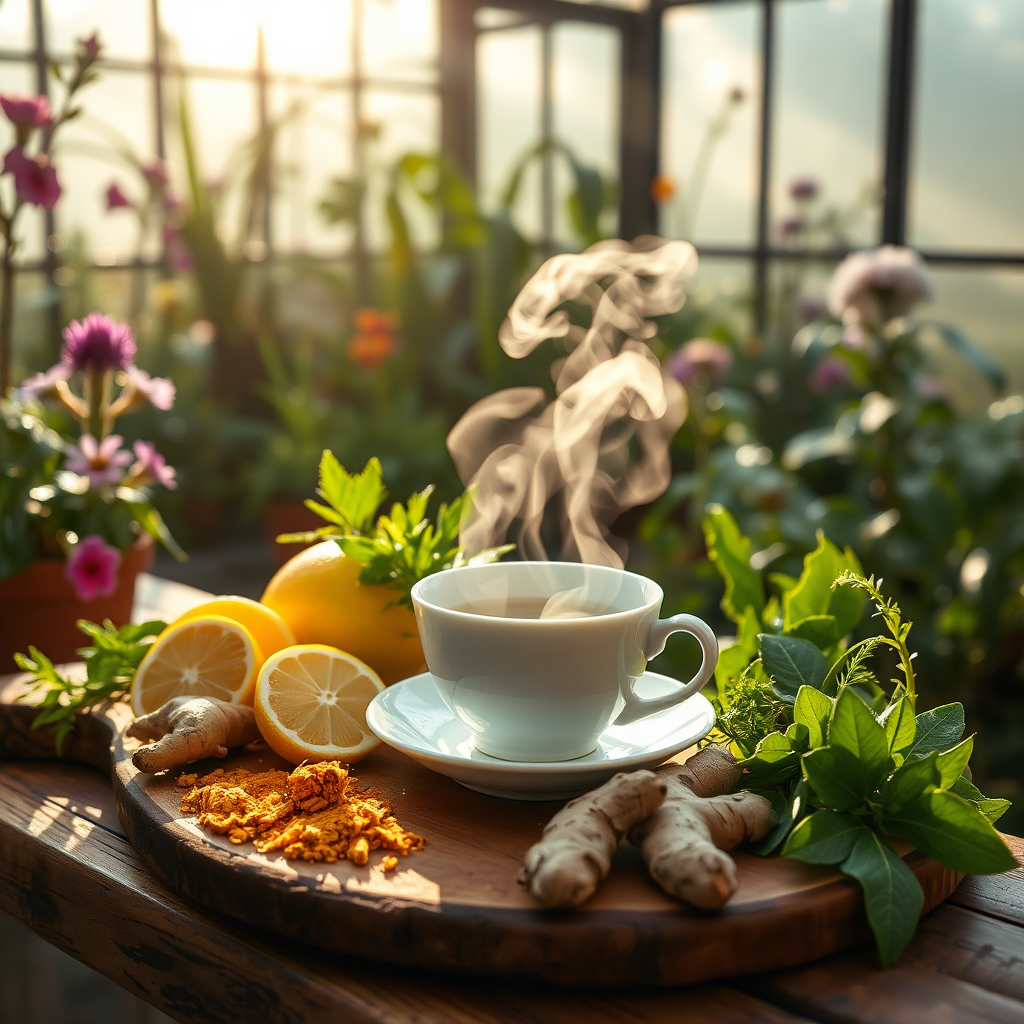 Spring wellness scene with tea and botanicals