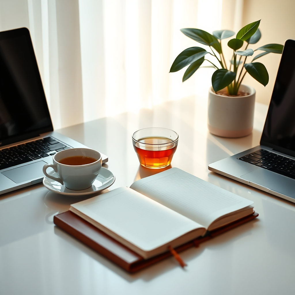 Desk scene with tea and journal