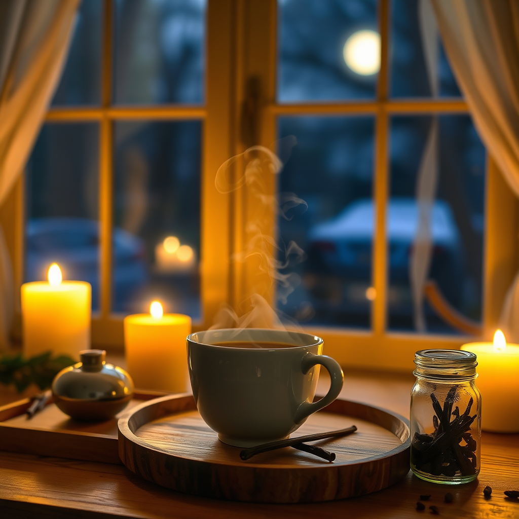 Steaming nighttime tea in a cozy setting