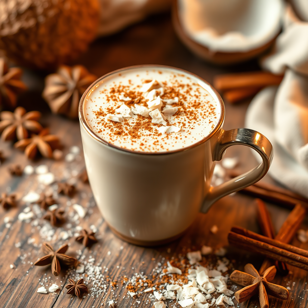 Creamy coconut chai with cinnamon and coconut flakes