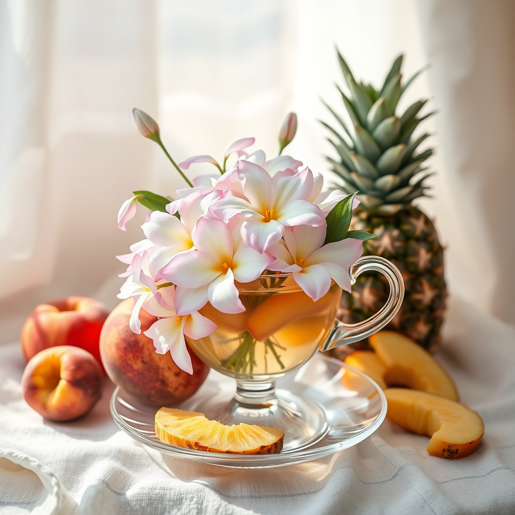 Jasmine flowers with peaches and pineapple on glass teaware