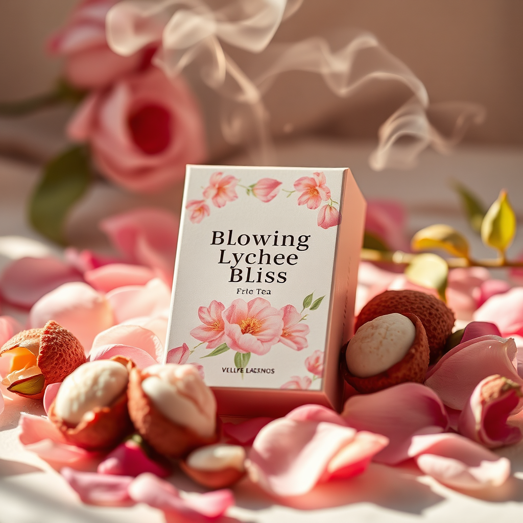 Blooming Lychee Bliss packaging with rose petals