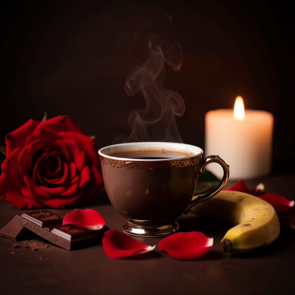 Final dramatic editorial hero with cup, rose petals, and chocolate