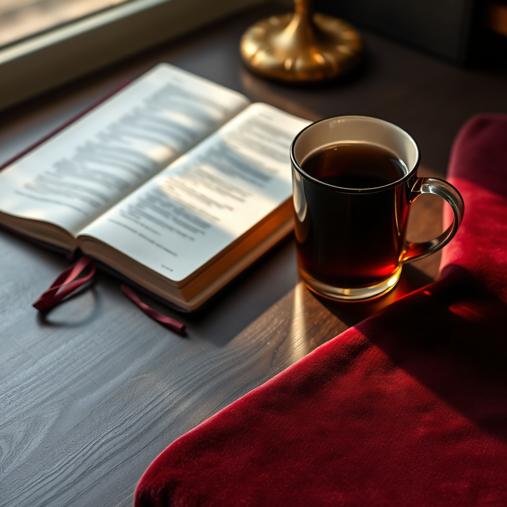 Focused morning ritual with journal and mug