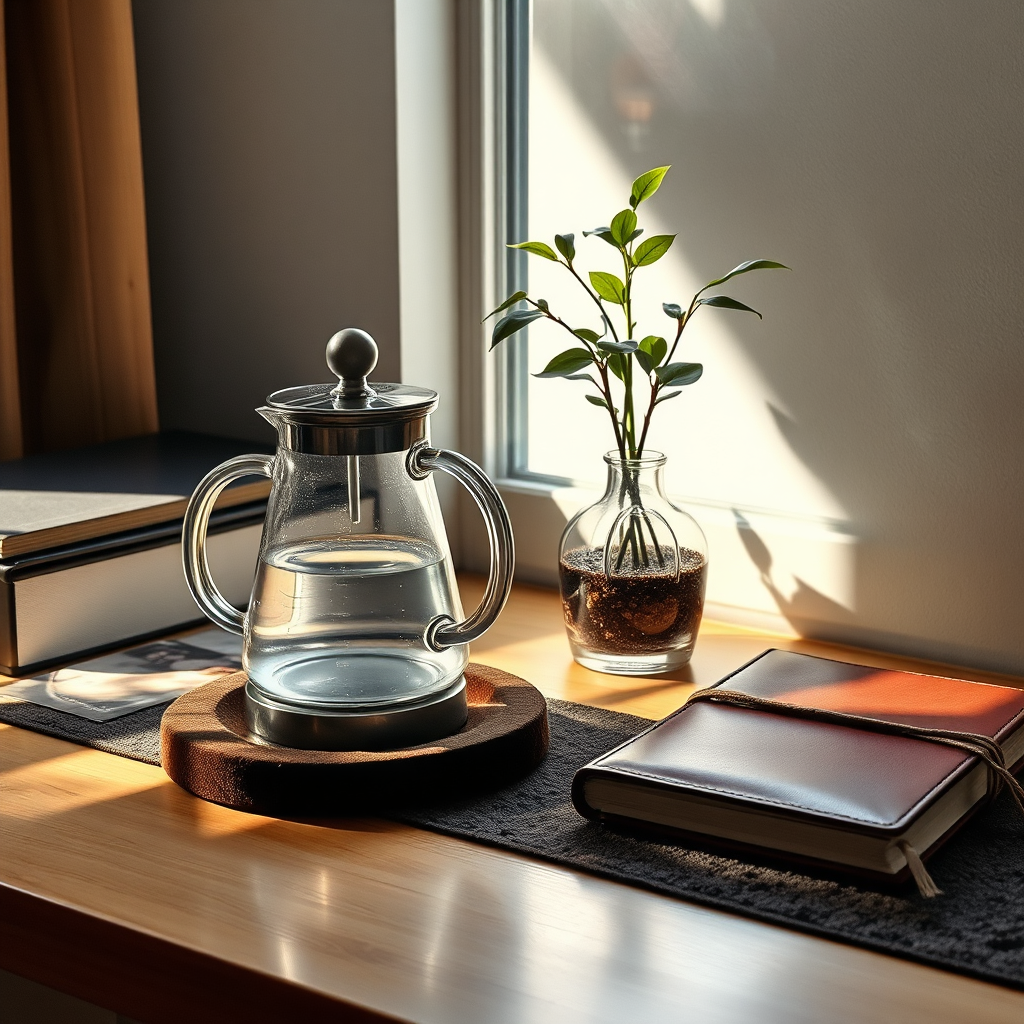 Luxurious desk with velvet textures and glass kettle