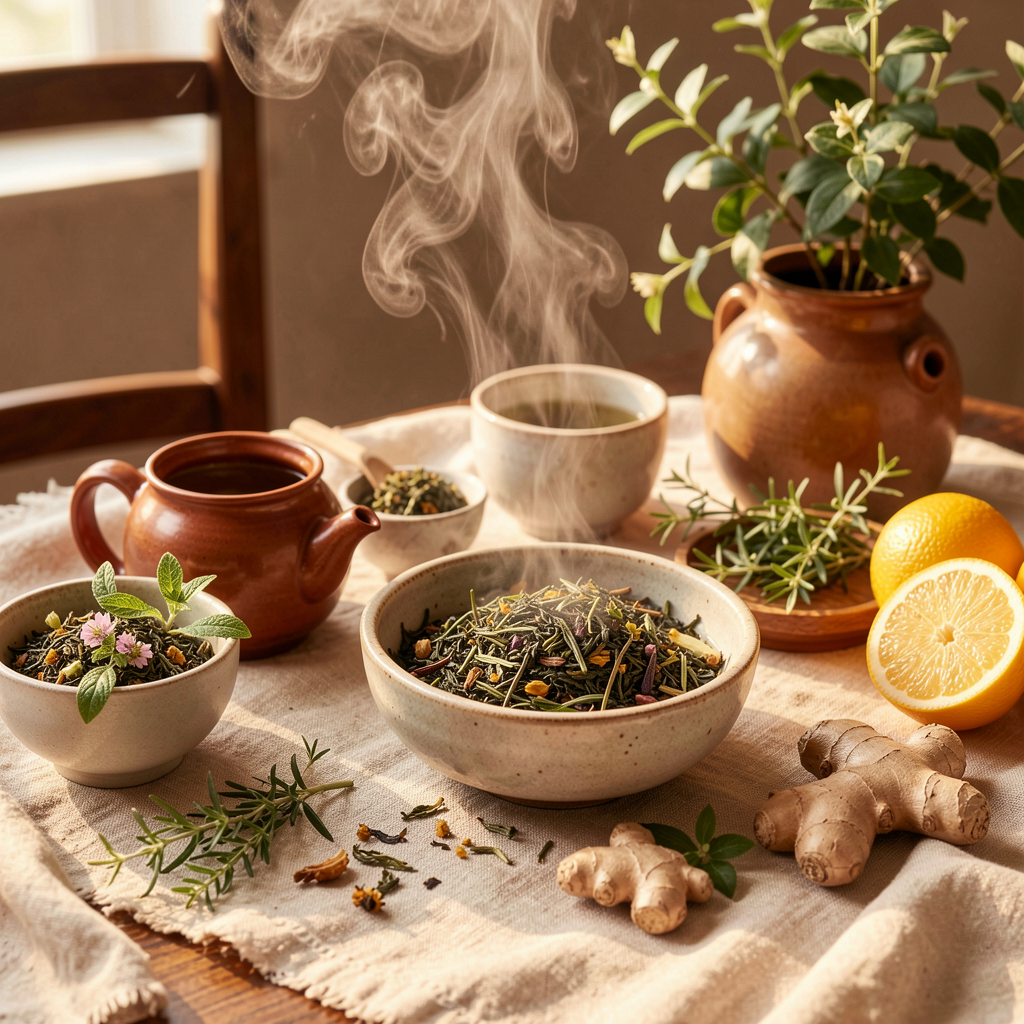 Editorial luxury botanical tea ritual in warm morning light