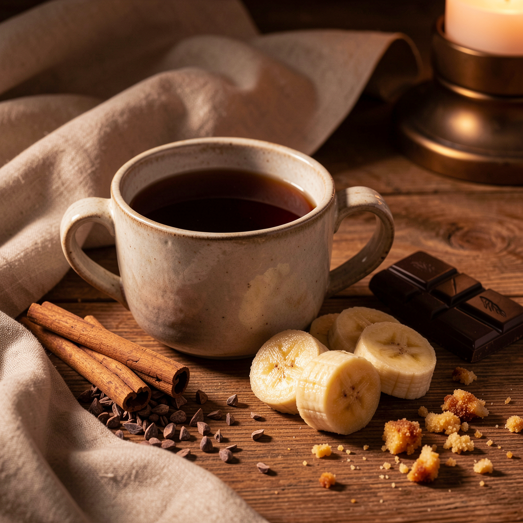 Editorial still life with rooibos tea and ripe banana ingredients