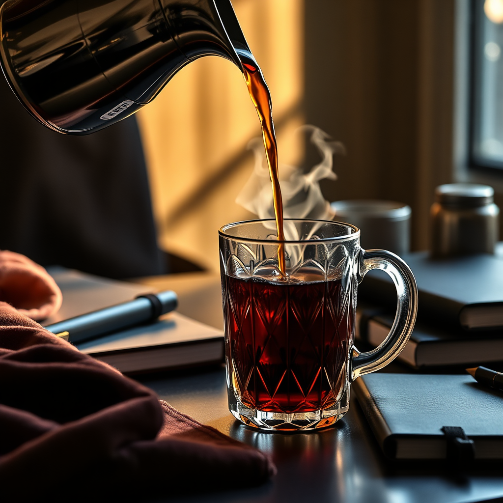 Velvet Energy hero visual: dark tea pouring into glass mug on premium workspace with velvet textures and morning light