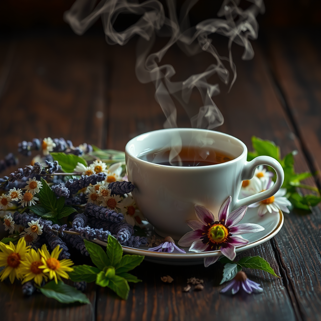 Luxurious tea cup with herbs on dark wood