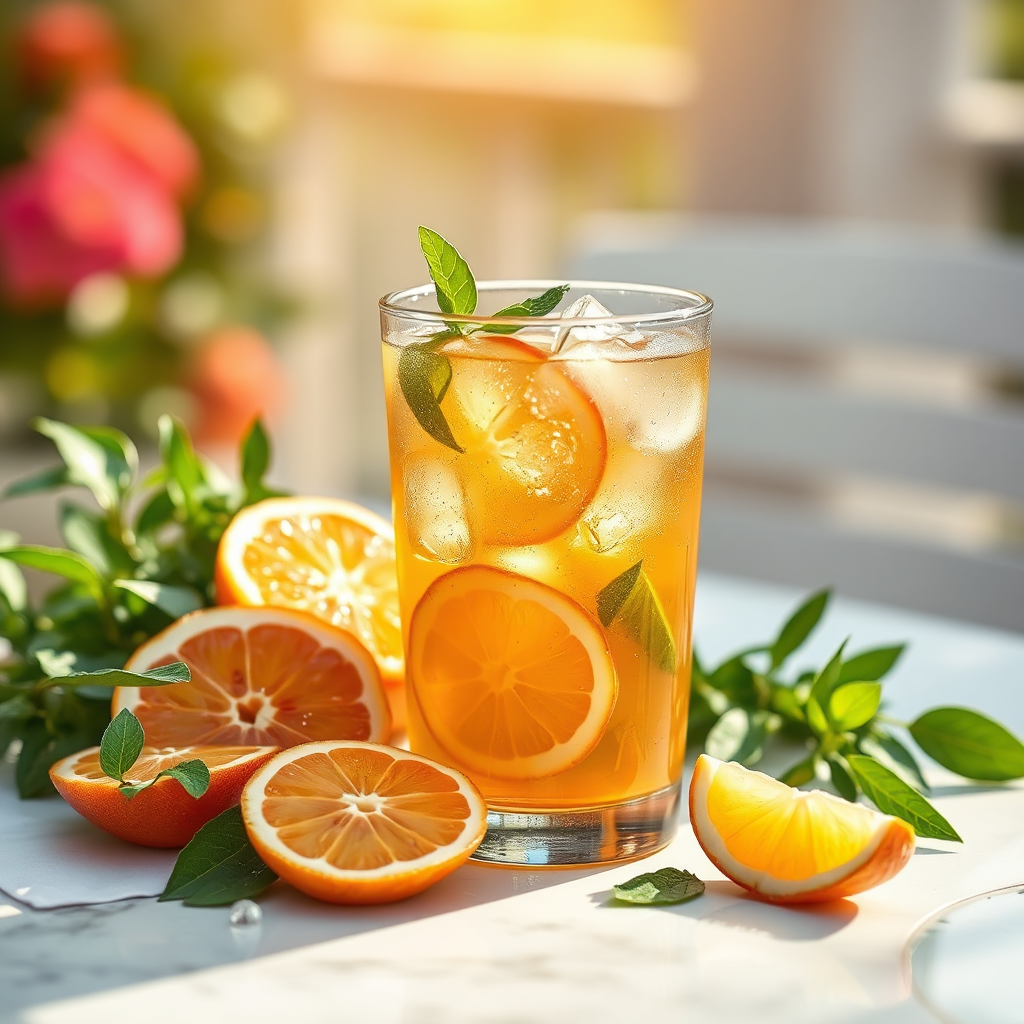 Iced green tea with citrus and herbs