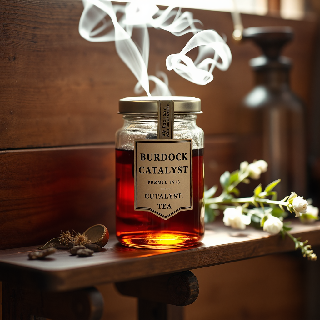 Burdock Catalyst product shot in a luxury apothecary setting