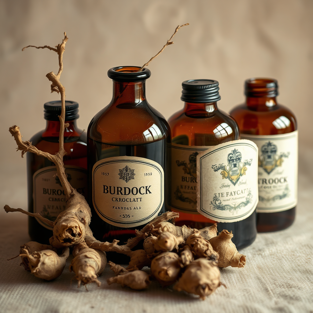 Burdock collage showing roots, jars, and label art