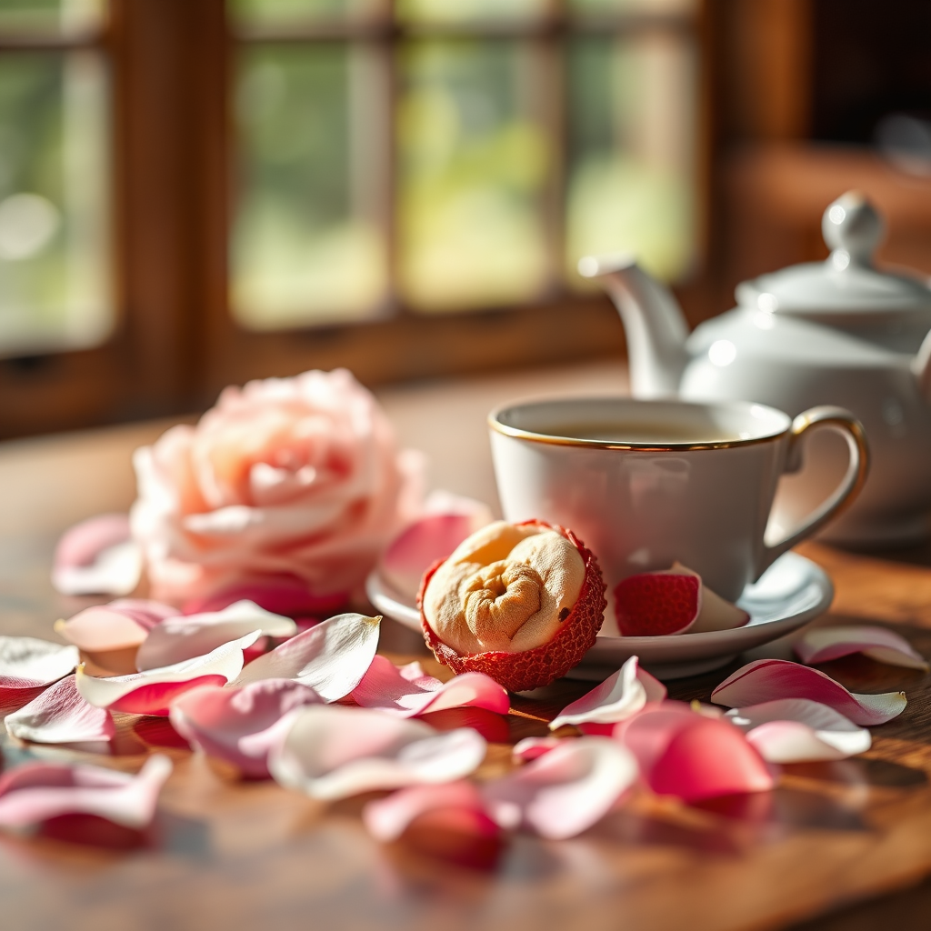 Rose petals and lychee with elegant teaware