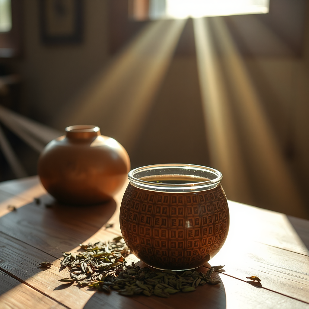 Yerba mate leaves and traditional gourd on a refined table