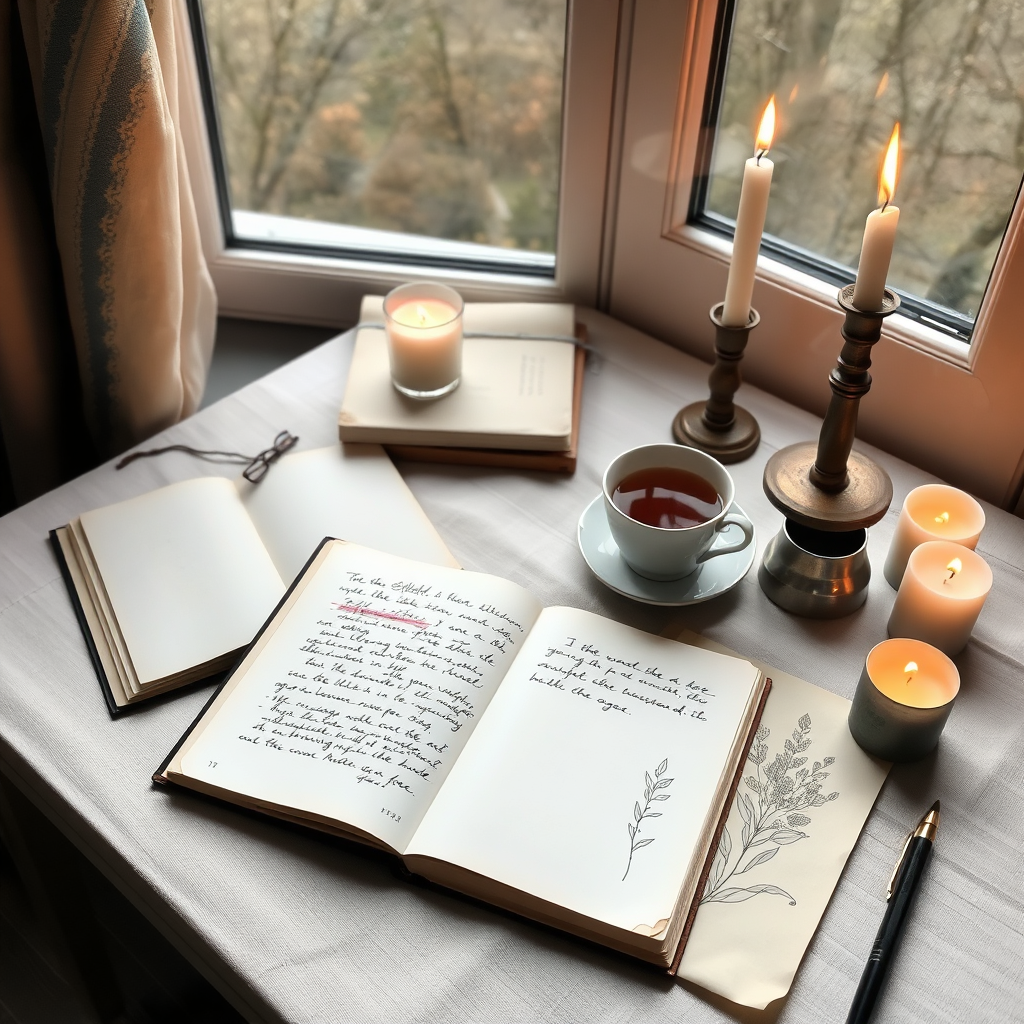 Open ritual journal with tea notes