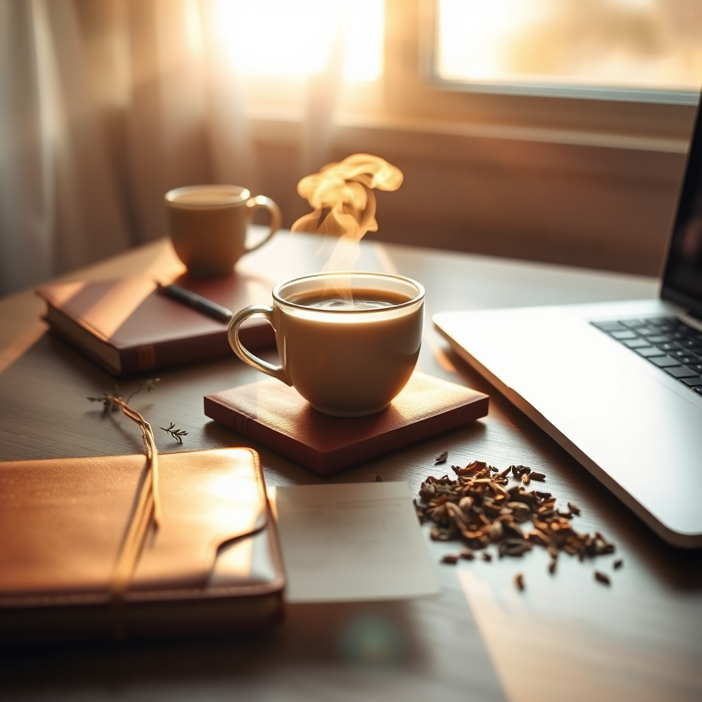 Sunrise morning desk with tea, journal, and laptop