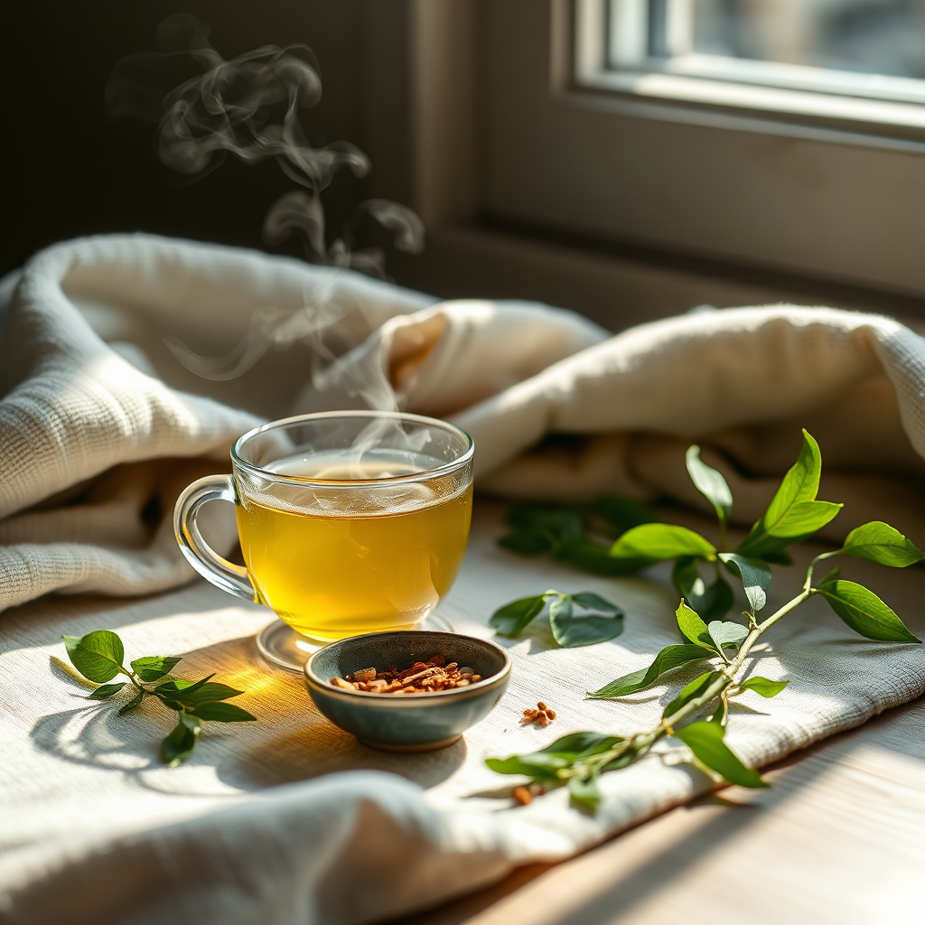 Wellness green tea with herbs and steam
