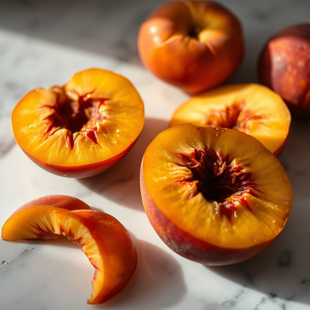 Sun-ripened peach half on marble