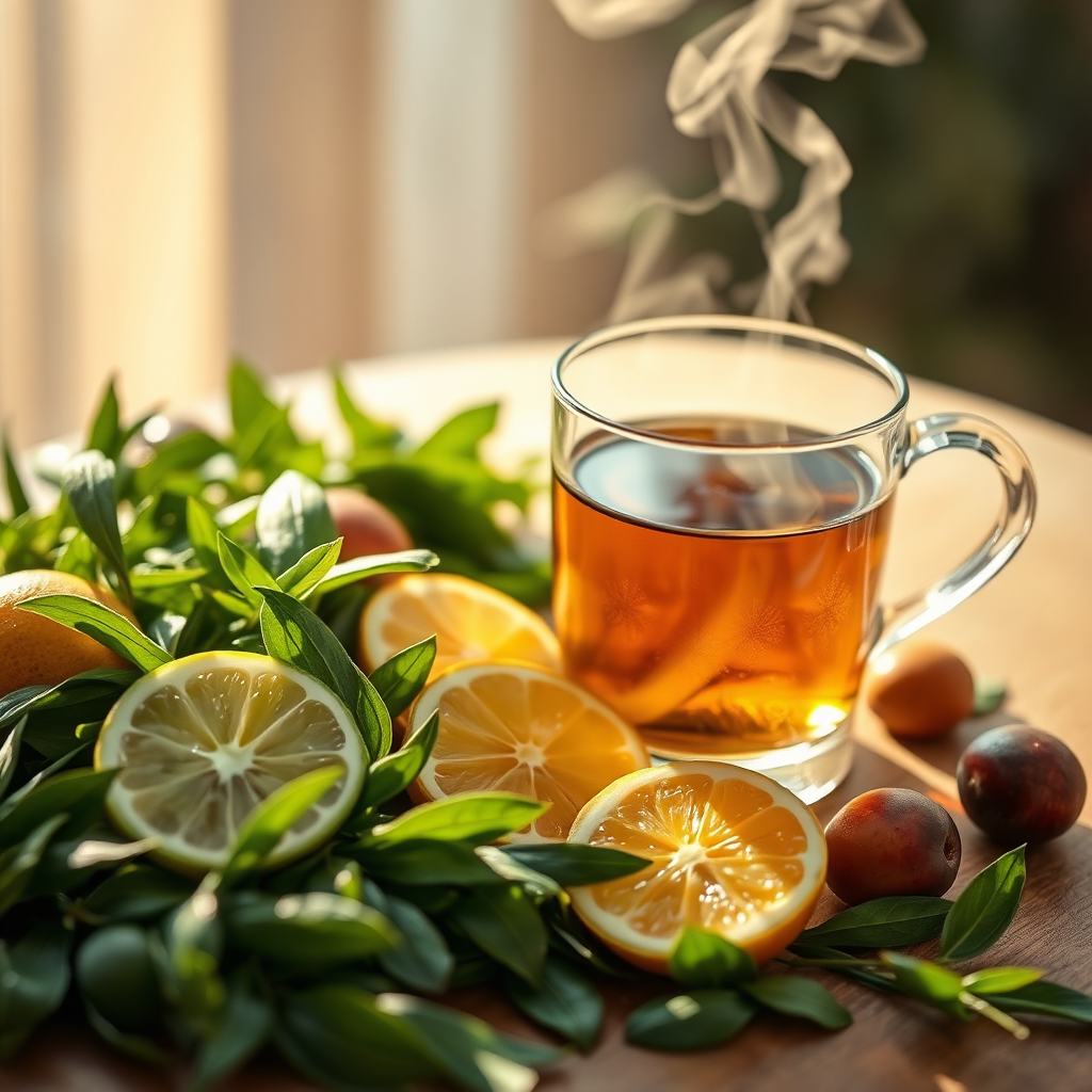 Fresh green tea leaves with citrus and teaware