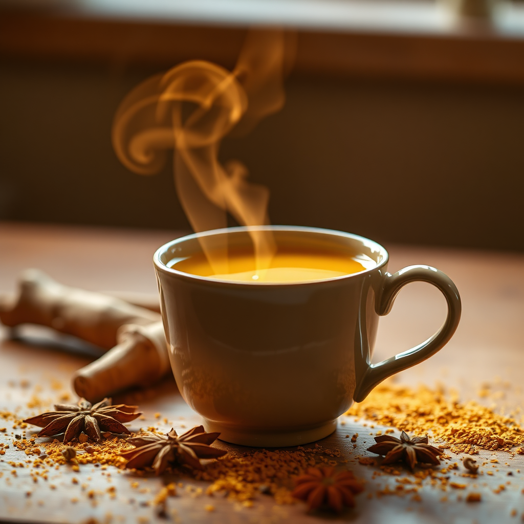 Turmeric ginger chai with golden steam