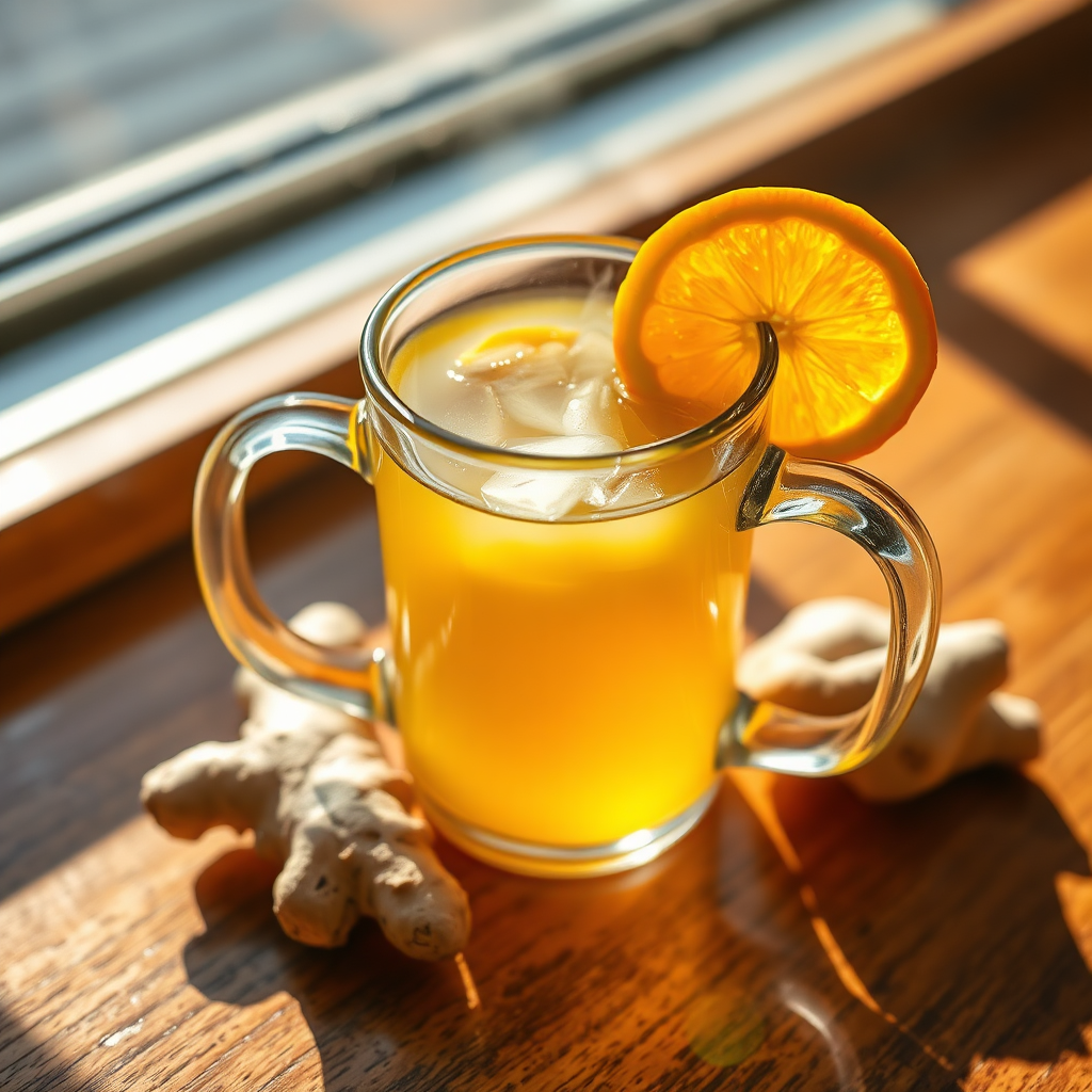 Glass mug of ginger citrus tea with citrus slices and ginger on a wooden table