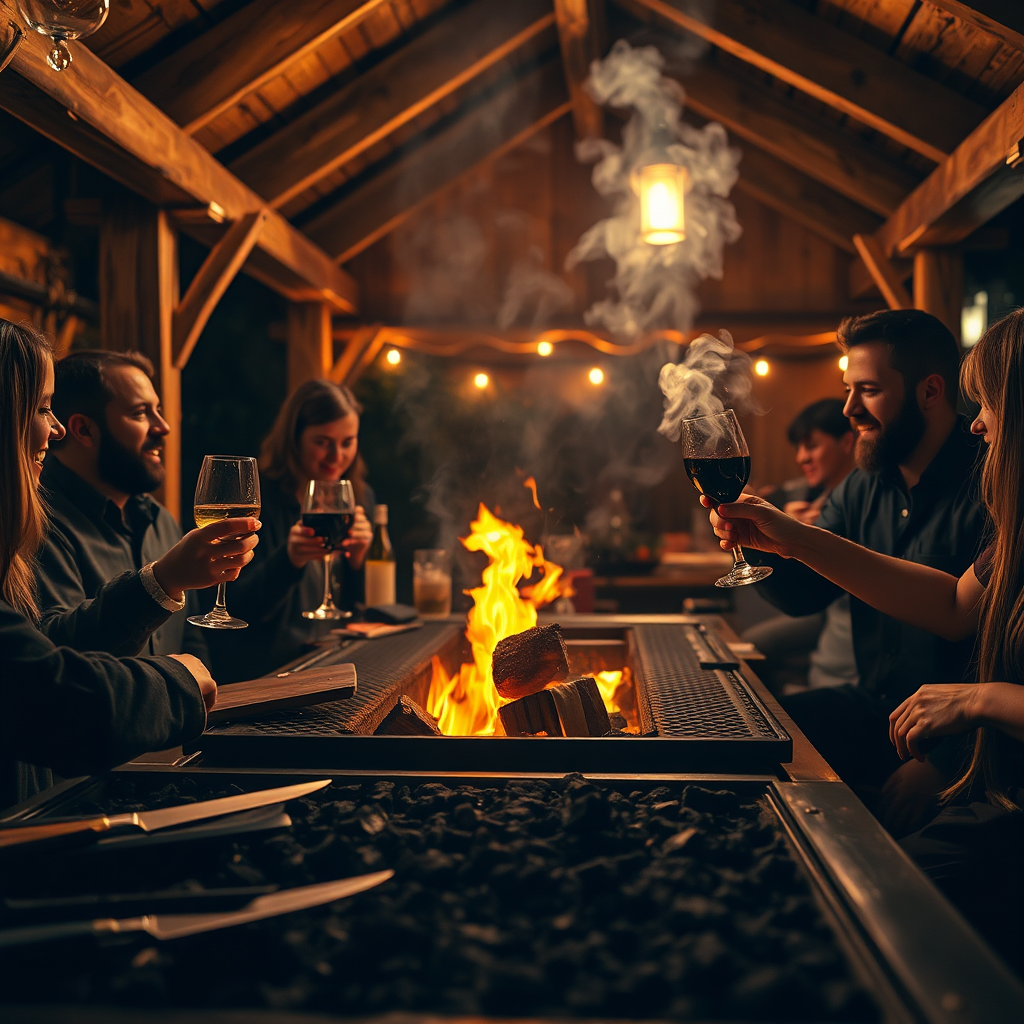 Group gathered around a glowing hearth in a refined quincho